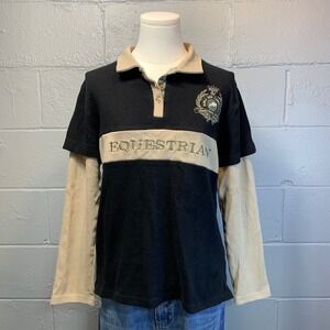 Ovation Women's Equestrian Long Sleeve Polo Shirt Black Tan Embroidered Crest L